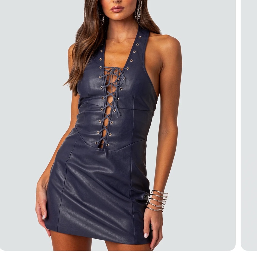 Navy Blue Leather Mini Dress Edikted - Picture 2 of 3